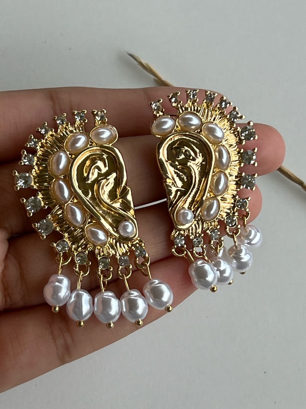 Schiaparelli Inspired Stylish Gold and Pearl Statement Ear Cuff Earrings